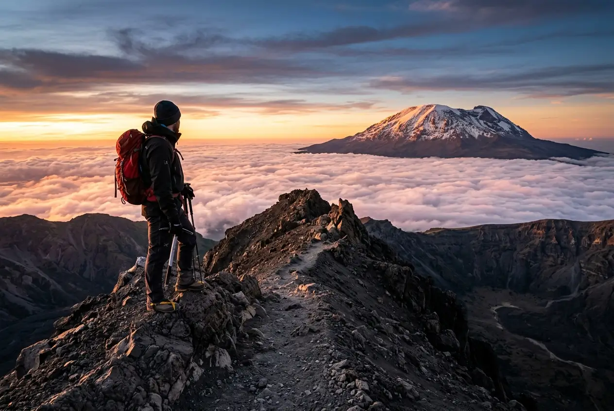 Mount Meru Socialist Peak summit sunrise overlooking clouds with Mount Kilimanjaro in the backdrop