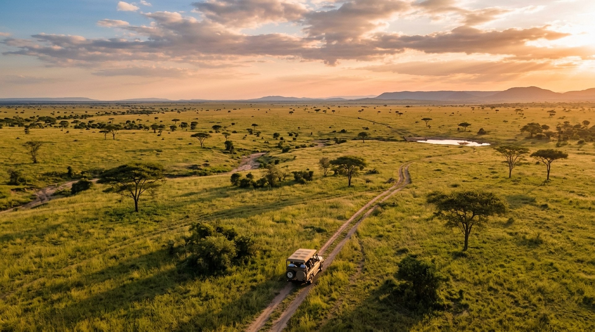 Panoramic aerial perspective of 350,000 private conservation acres in the Serengeti Grumeti ecosystem